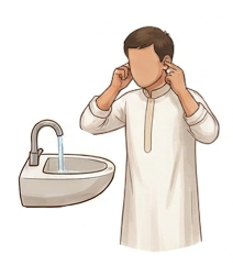 Wudu steps: Muslim man standing at a basin wiping his ears with wet hands. Step 8 wipe ears