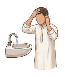 Wudu steps: Muslim man standing at a basin wiping his head with wet hands. Step 8 wipe head