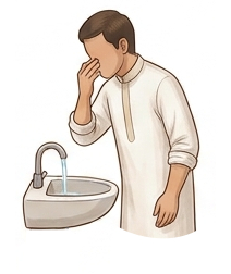 Wudu steps: Muslim man standing at a basin rinsing his nose out with water. Step 5 cleanse nose
