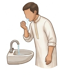 Wudu steps: Muslim man standing at a basin rinsing his mouth with water. Step 4 Rinse mouth