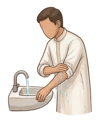 Wudu steps: Muslim man standing at a basin washing his arm. Step 7 wash arm