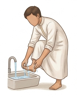 Wudu steps: Muslim man washing his foot. Step 10 wash feet