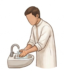 Wudu steps: Muslim man standing at a basin washing his hands. Step 3 Wash hands