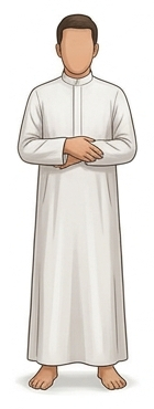 Salah Steps: Muslim man standing in Salah prayer with his hands crossed.