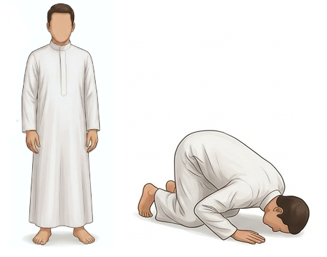Salah Steps: step 10, Muslim man is standing in salah and then goes into sujood