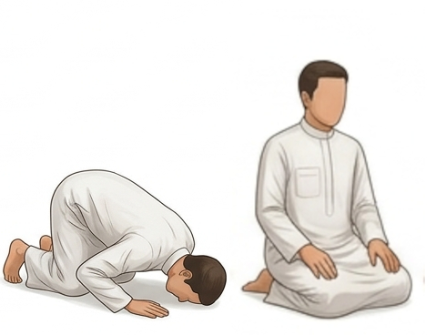 Salah Steps: step 12, Muslim man is in sujood and then gets up and sits in a seated position.