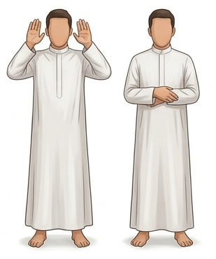 Salah steps: step 2 - Man standing for prayer raising his hands up to start the Salah prayer with a takbir