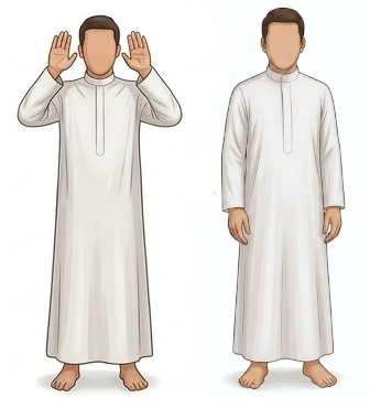 Slah Steps: step 9, Msulim man raises his hands to his ears for takbir and then puts his hands by his side while standing.