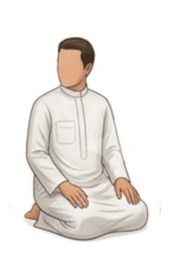 Salah Steps: step 18, Muslim man while in a seated position turns his head to the right for taslim and ending the salah prayer